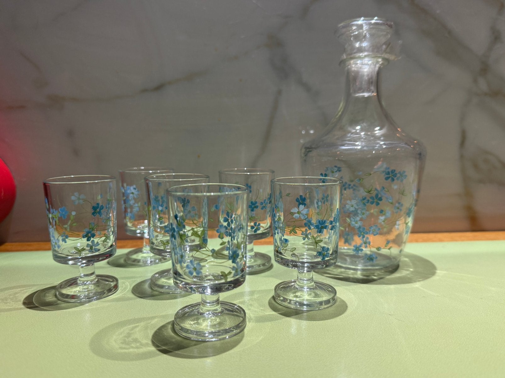 Vintage Luminarc likeurset karaf glazen ongebruikt bloemen, Ophalen of Verzenden, Nieuw, Overige typen