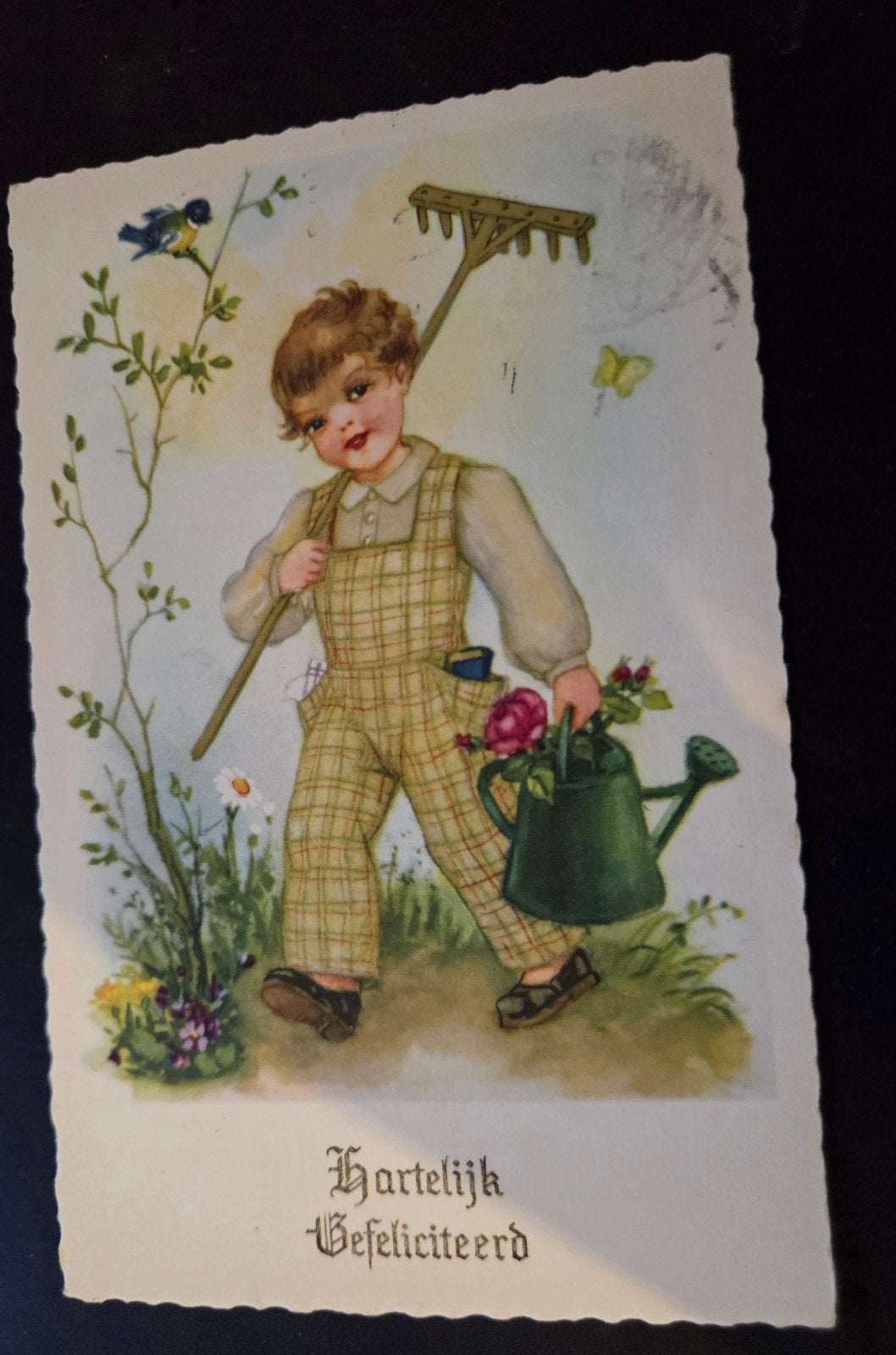 Hartelijk Gefeliciteerd, jongen met hark, Verzenden, 1940 tot 1960, Gelopen, Kinderen