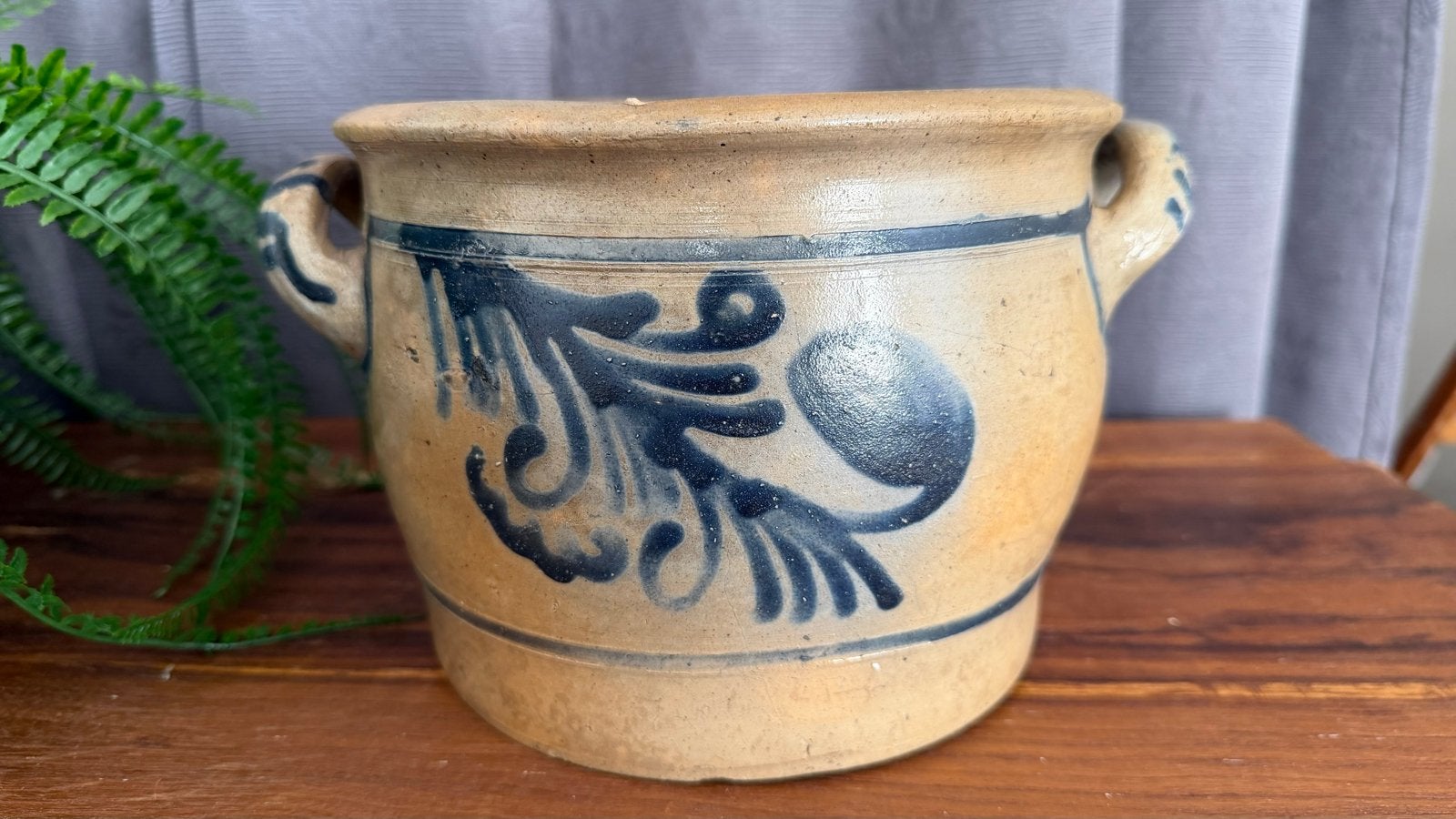 Antieke Keulse pot zandkleurig met blauw decor, Ophalen of Verzenden