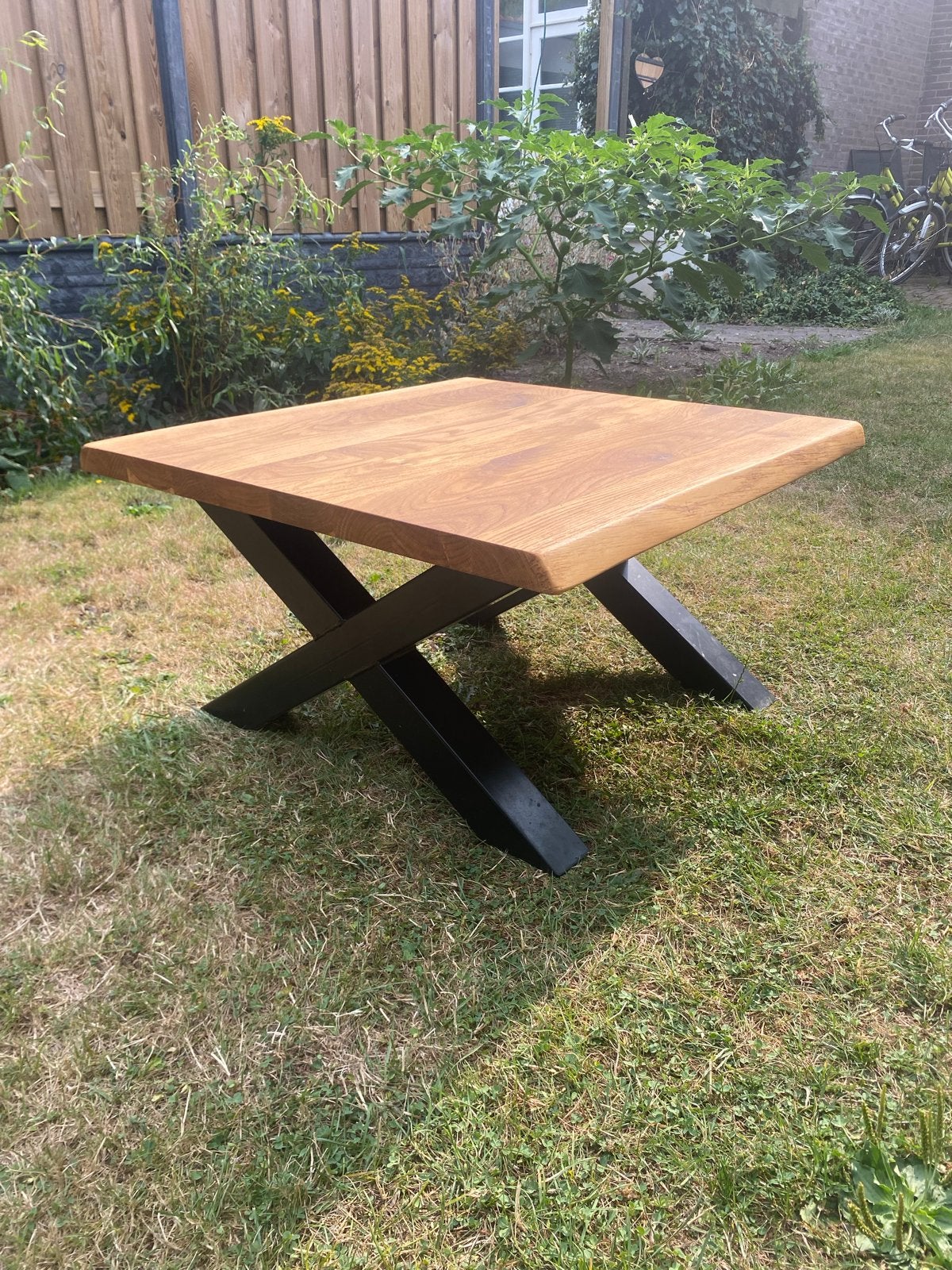 Handgemaakte massieve eikenhouten salontafel 80x80x45, Ophalen, 50 tot 100 cm, 50 tot 100 cm, Zo goed als nieuw