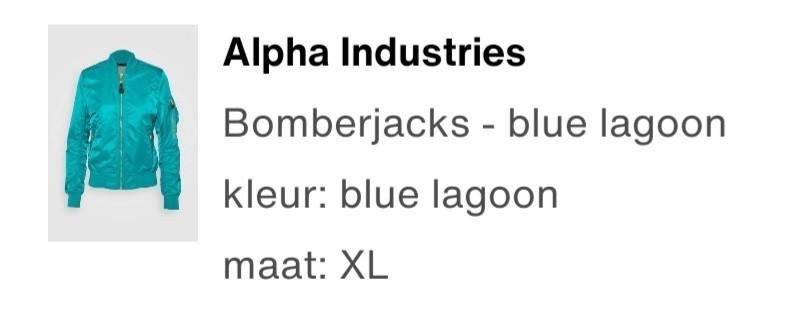 Nieuw Alpha Industries blue lagoon xl jas., Ophalen, Nieuw, Blauw