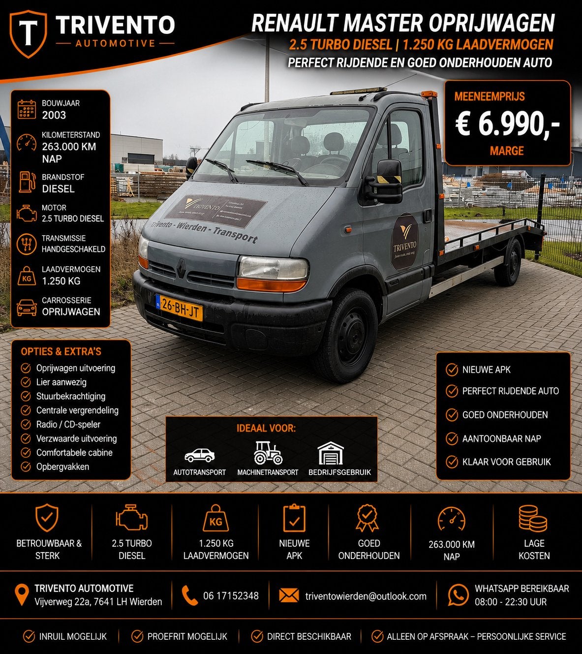 OPRIJWAGEN Renault Master hoog laadvermogen / zware lier, Stof, Huisgarantie, 4 cilinders, Met garantie (alle)