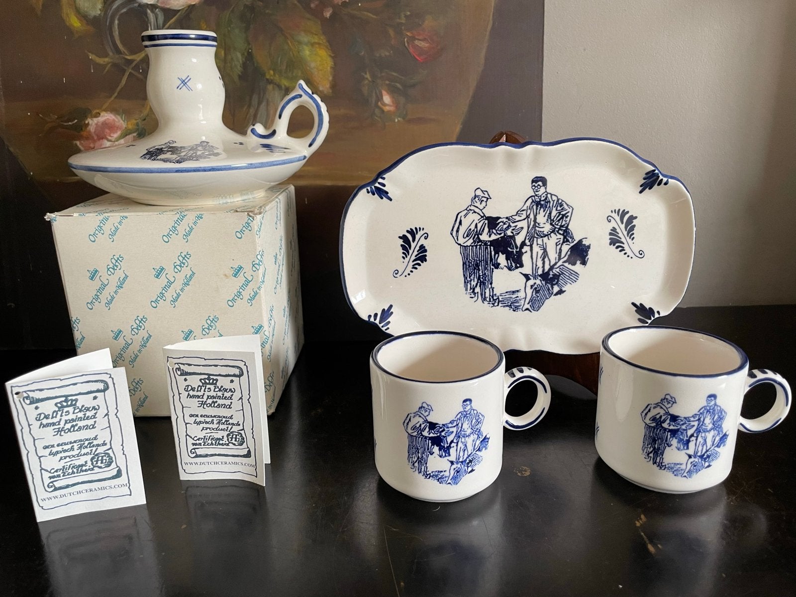 Delfts Blauw kopjes en kandelaar met handje klap boeren, Ophalen of Verzenden