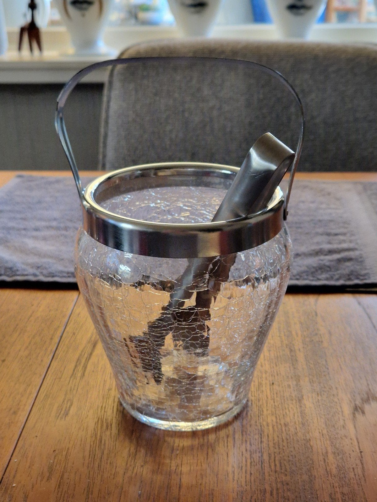 Vintage mid-century ijsemmer van craquelé glas + ijsknijper, Ophalen of Verzenden