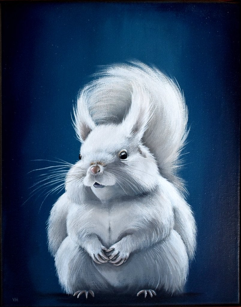 Fluffy witte eekhoorn geschilderd op doek in een baklijst, Ophalen of Verzenden, Gelimiteerde oplage, Acrylverf, Dieren