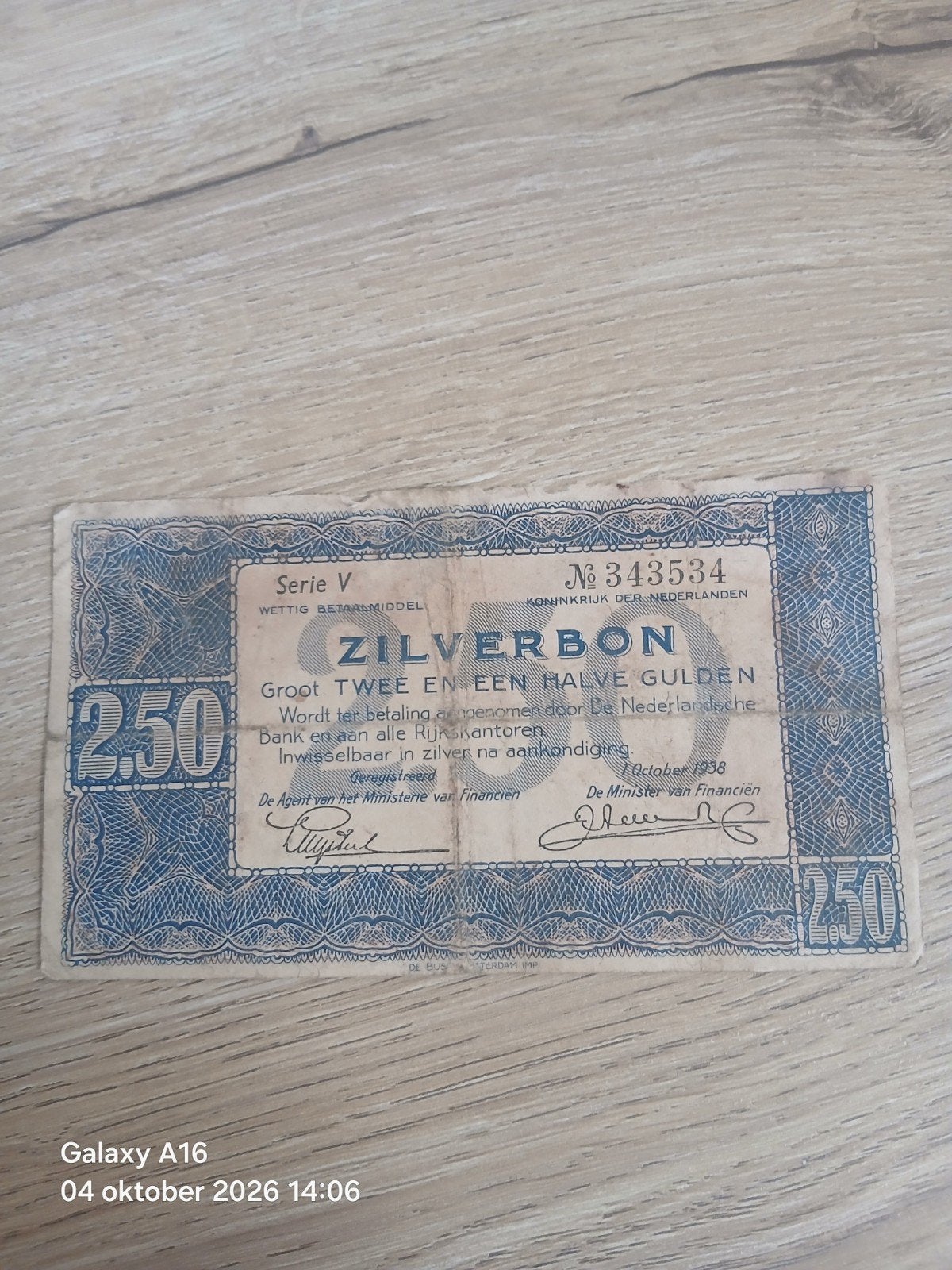 Zilverbon 2½ Gulden - Serie V - 1938, Ophalen of Verzenden