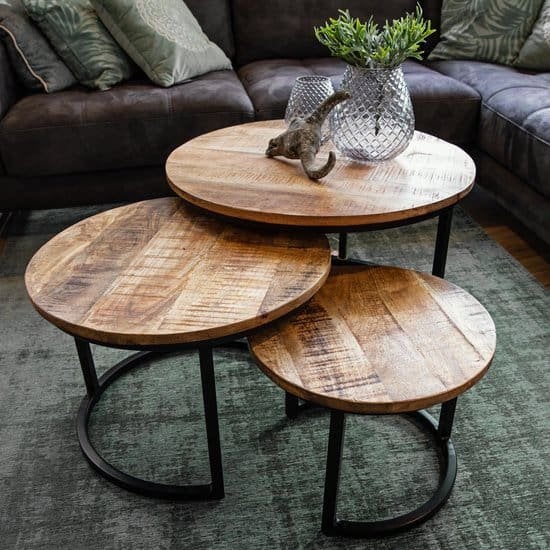 Set van 3 Ronde Salontafels – Mangohout & Zwart Metaal, Huis en Inrichting, Tafels | Salontafels, Ophalen, Gebruikt, 50 tot 100 cm