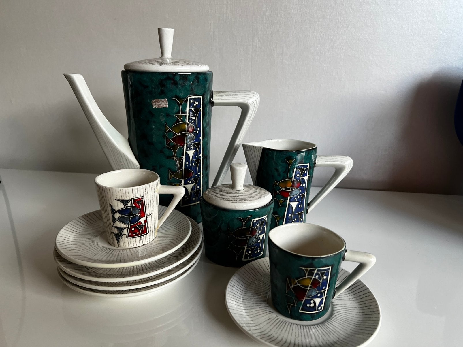 MCM CEMAS Italy Ceramica Koffiepot Stel Visjes Turquoise 60s, Ophalen of Verzenden