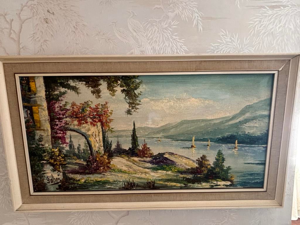 Schilderij met Mediterraan Landschap en Zeilboten, Ophalen