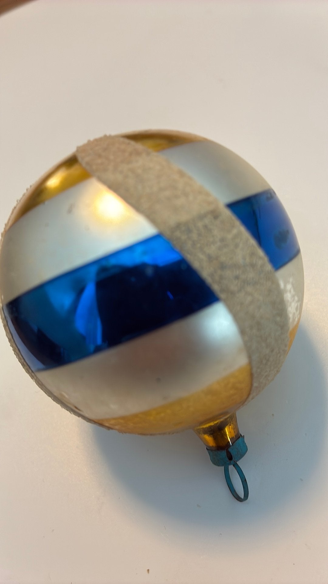 Vintage antieke kerstbal, blauw geel, Diversen, Ophalen of Verzenden, Zo goed als nieuw