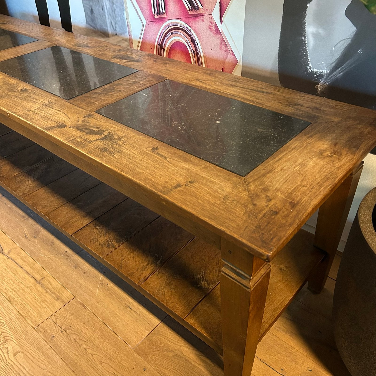 Unieke massief houten tafel met stenen elementen, Ophalen, Gebruikt, 200 cm of meer, 50 tot 100 cm