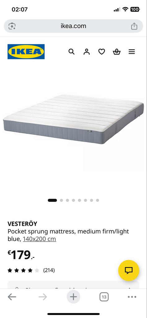 IKEA VESTERÖY Pocketveringmatras 140x200 cm, Gebruikt, Verzenden, Tweepersoons, 140 cm