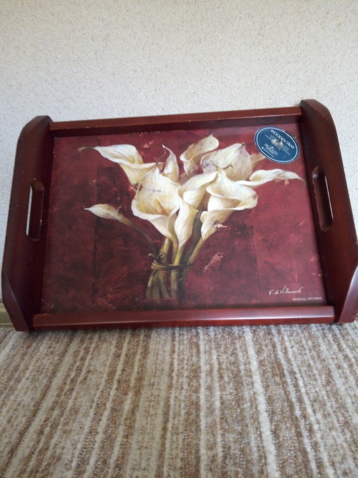 Vintage houten dienblad met bloemenprint 45x33 cm, Huis en Inrichting, Woonaccessoires | Dienbladen, Gebruikt, Met afbeelding/tekst