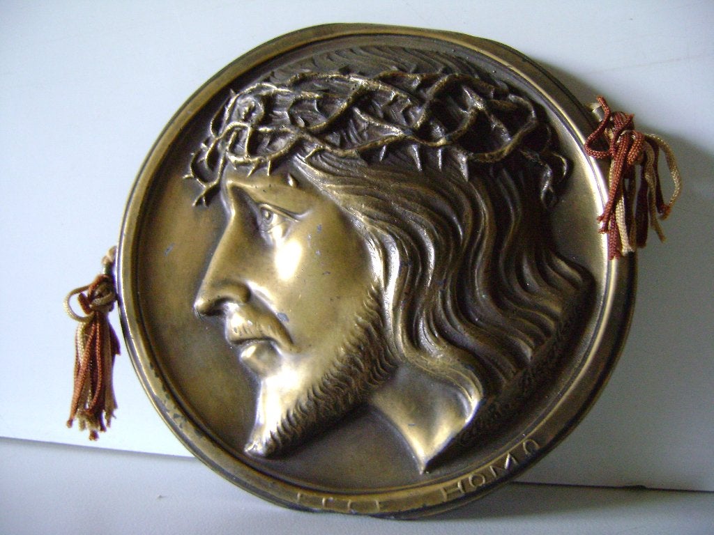 Antieke koperen wandplaquette Christus met doornenkroon, Ophalen of Verzenden