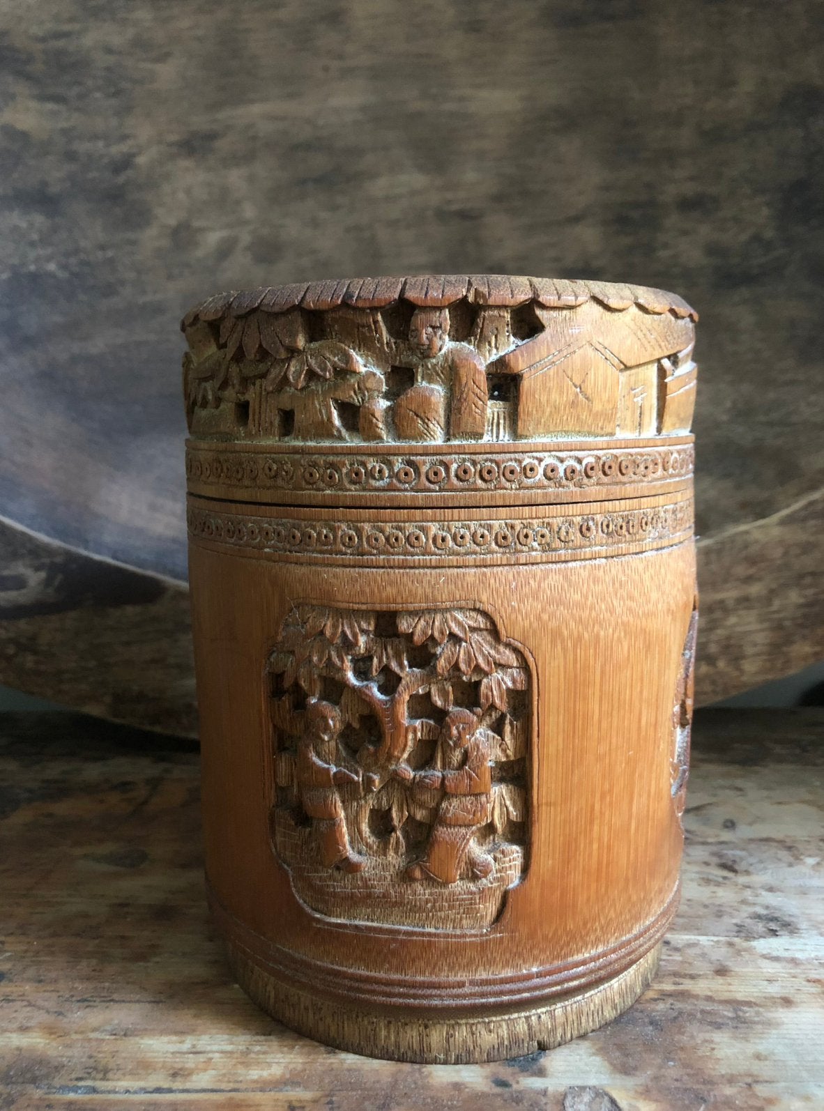 Oude chinese lidded bamboo penselenpot, Antiek en Kunst, Ophalen of Verzenden