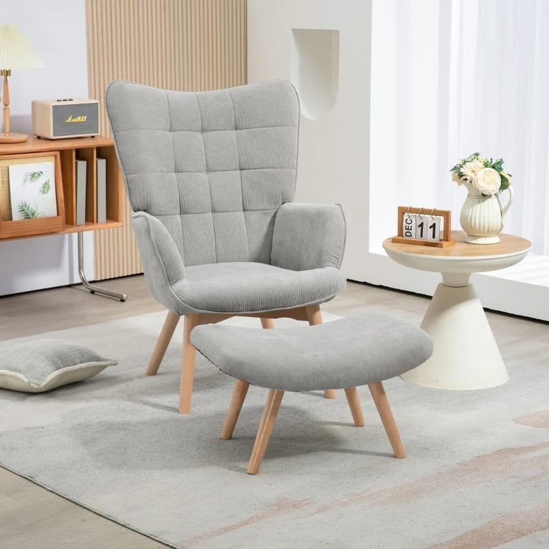 Desgin stoel relaxfauteuil met voetenbank - Grijs ribfluweel, Huis en Inrichting, Stoelen, Ophalen of Verzenden, Nieuw, Stof, Modern, Comfortabel