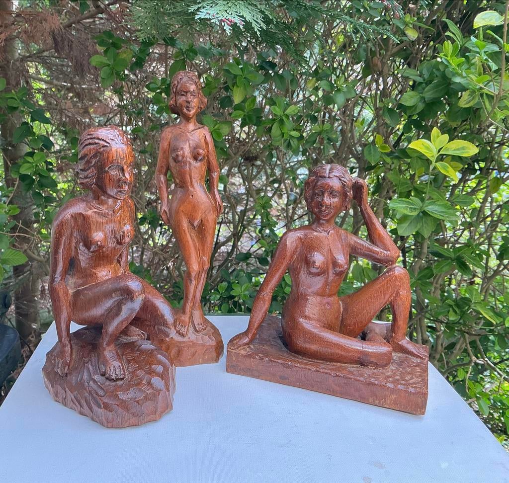 3 houten beelden van naakte dames. (Eikenhout?), Ophalen of Verzenden