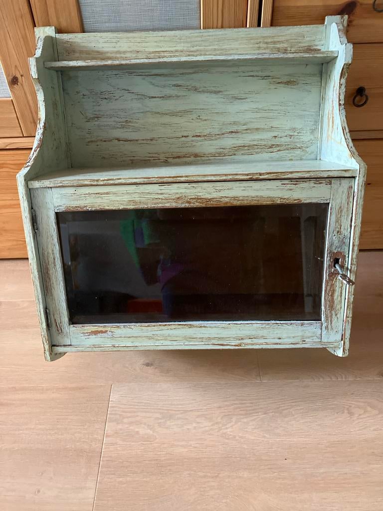 Vintage Houten Hang Kastje met Glazen Deur - Brocante Stijl, Antiek en Kunst, Antiek | Meubels | Kasten, Ophalen
