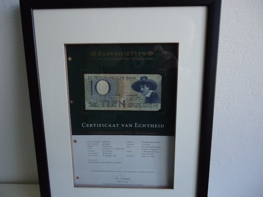 10gulden bankbiljet 1943 staalmeester ingelijst, Ophalen of Verzenden, Zo goed als nieuw