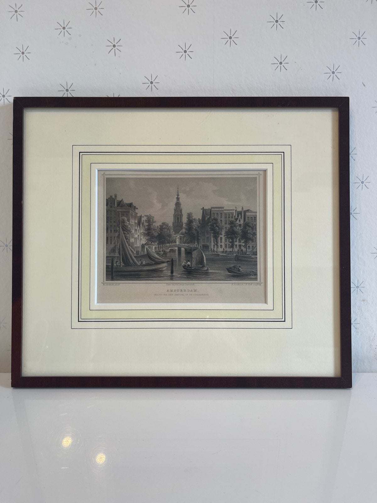 Antieke Gravure Amsterdam: Gezicht van de Amstel op de Zuide, Antiek en Kunst, 1800 - 1899, Met tekst, Stadsgezicht, Ophalen of Verzenden