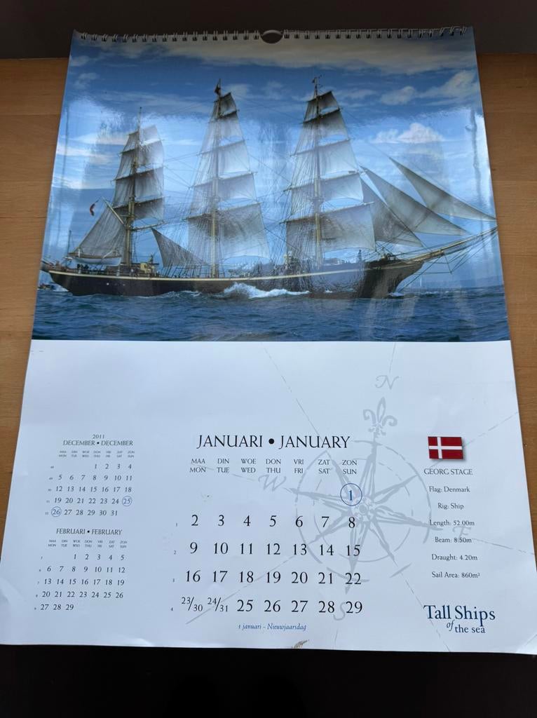 Oude kalender met zeilschepen uit verschillende werelddelen, Diversen, Kalenders, Ophalen of Verzenden, Maandkalender, Zo goed als nieuw