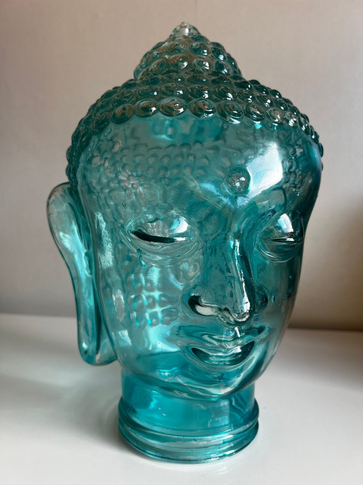 Vintage Glazen Buddha Kop Hoofd Turquoise, Huis en Inrichting, Ophalen of Verzenden, Zo goed als nieuw