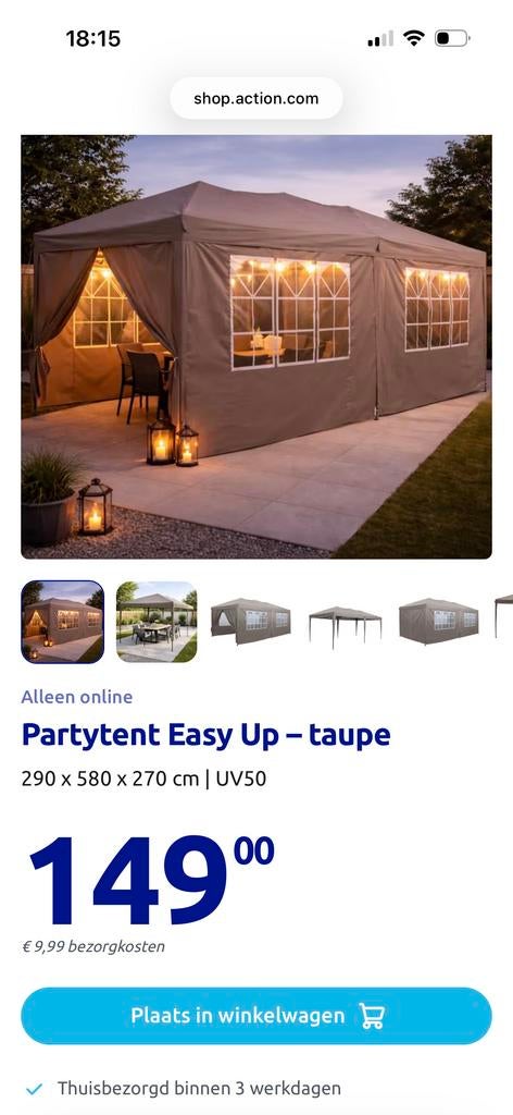 Partytent Easy Up - taupe 290x580x270 cm | UV50, Opvouwbaar, Partytent, Nieuw, 4 tot 6 meter