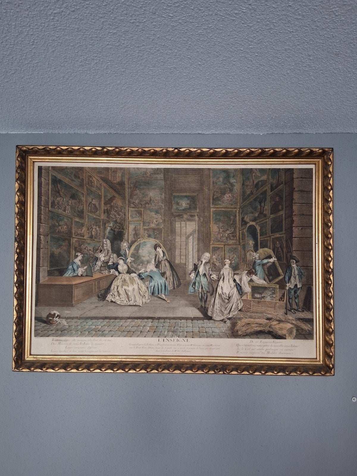 Antieke Gravure 'L'Enseigne' naar Watteau, 18e Eeuw, Ophalen, Dagelijks leven, Ingelijst, Gravure