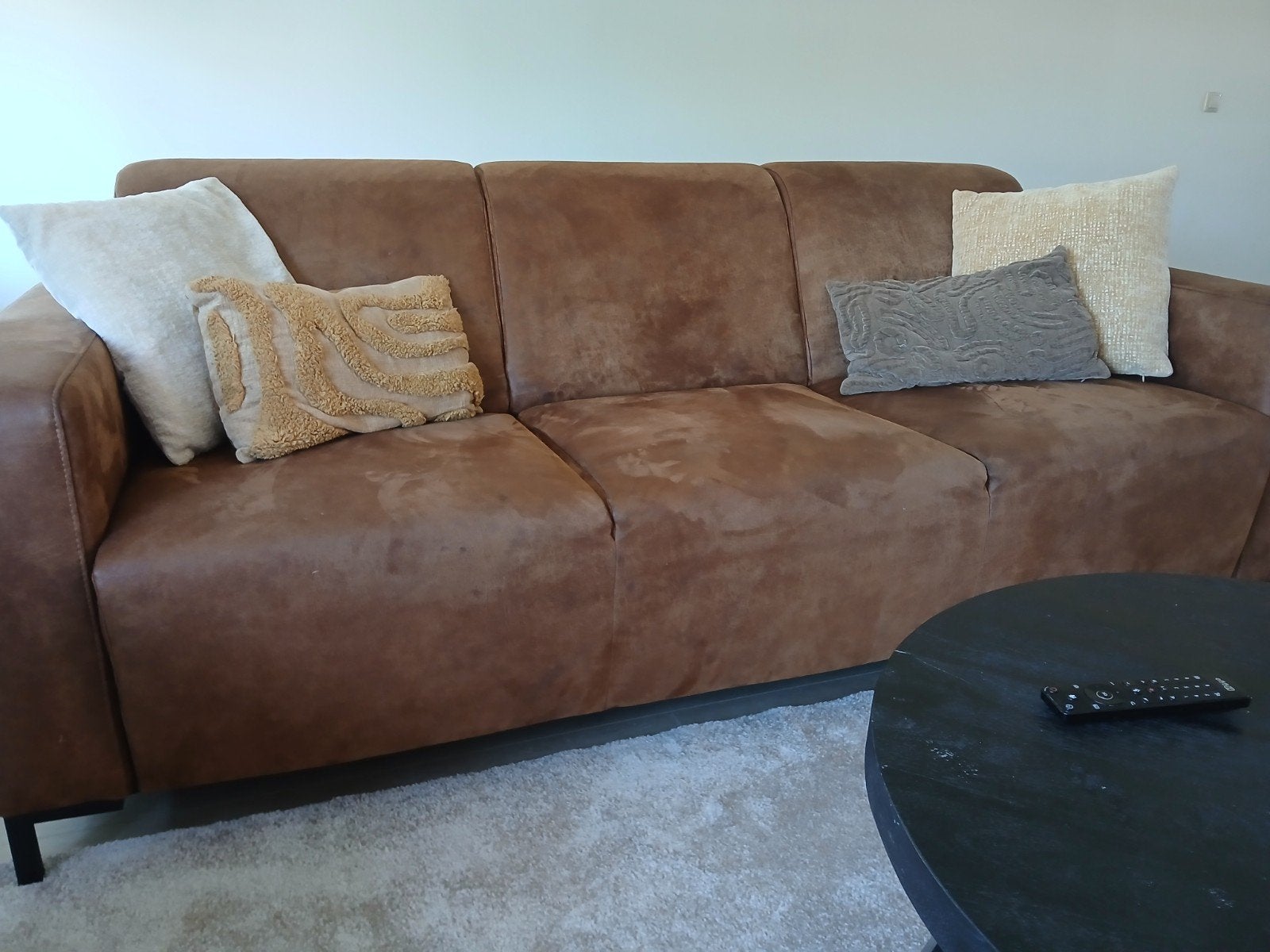 3 zits bank Pronto cognac suedine leer, Huis en Inrichting, Banken | Complete zithoeken, Ophalen, Gebruikt, Leer