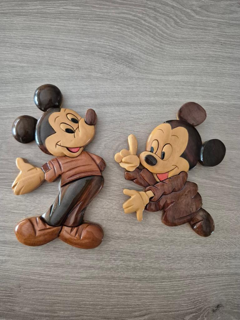 Houten Mickey Mouse Beeldjes - Set van 2, Ophalen of Verzenden, Mickey Mouse, Zo goed als nieuw, Beeldje of Figuurtje