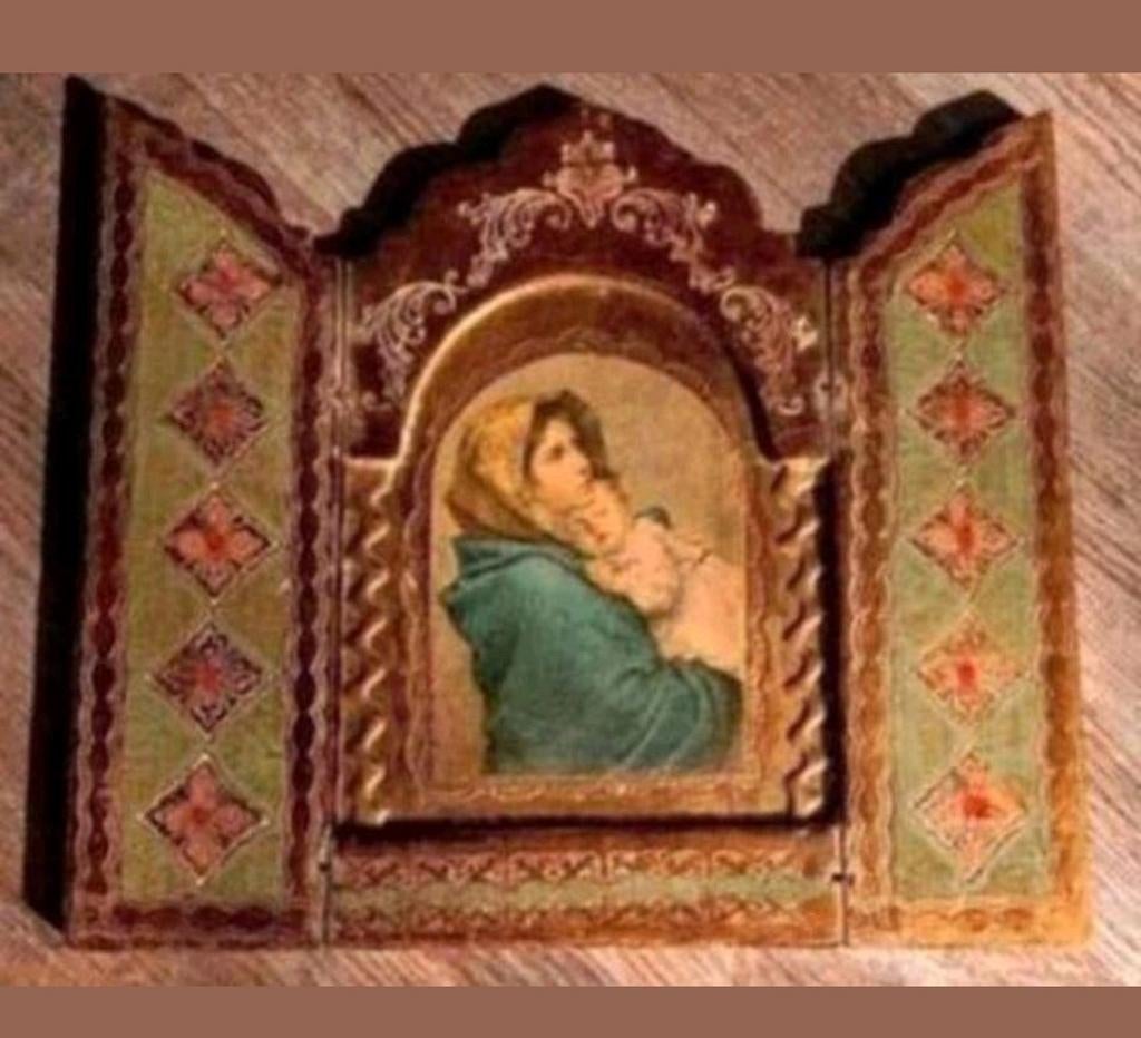 Antiek houten drieluik met Maria en kind schilderij, Antiek en Kunst, Ophalen of Verzenden