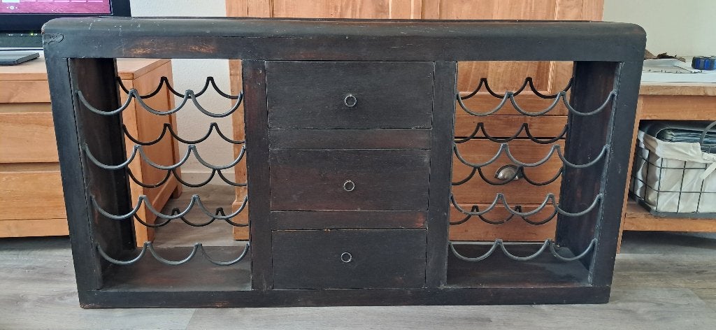 Robuust handgemaakt klassiek massief houten wijnrek, Ophalen, Gebruikt, Teakhout, Minder dan 150 cm