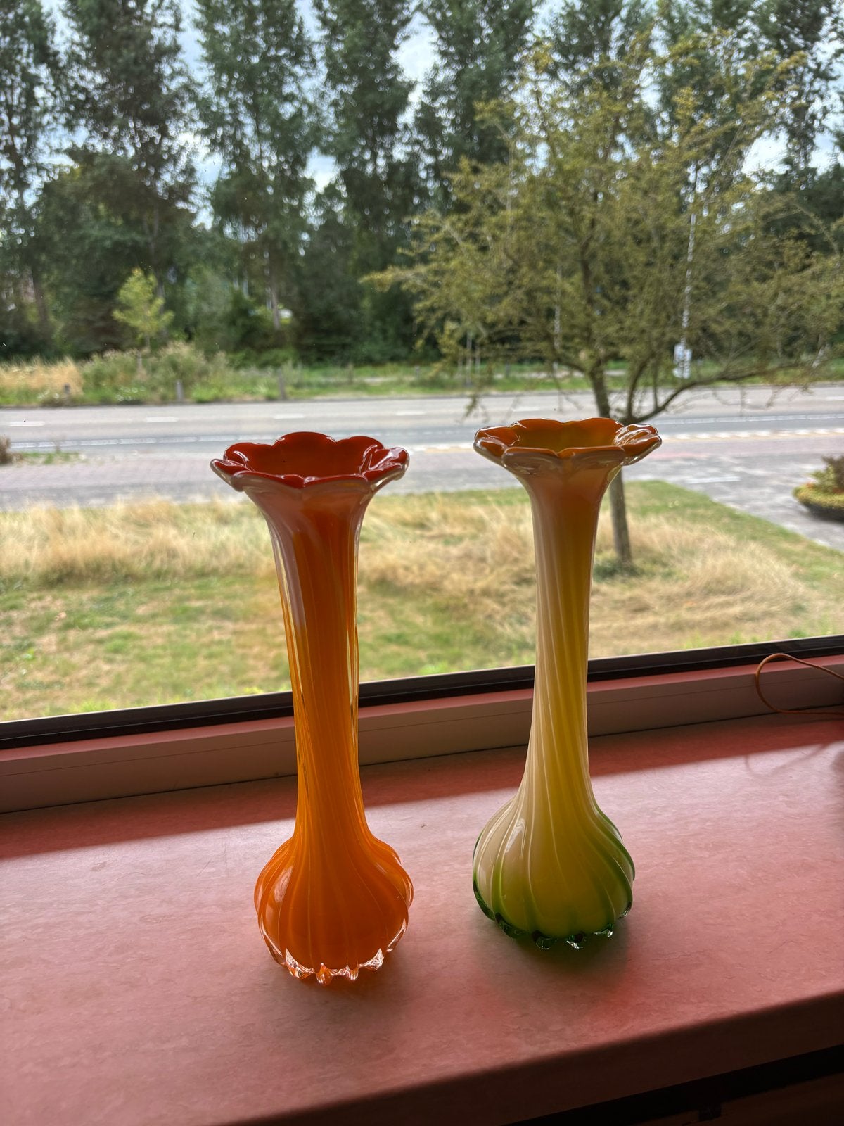 Set van 2 Murano glazen vazen - Oranje en Geel/Groen, Ophalen of Verzenden