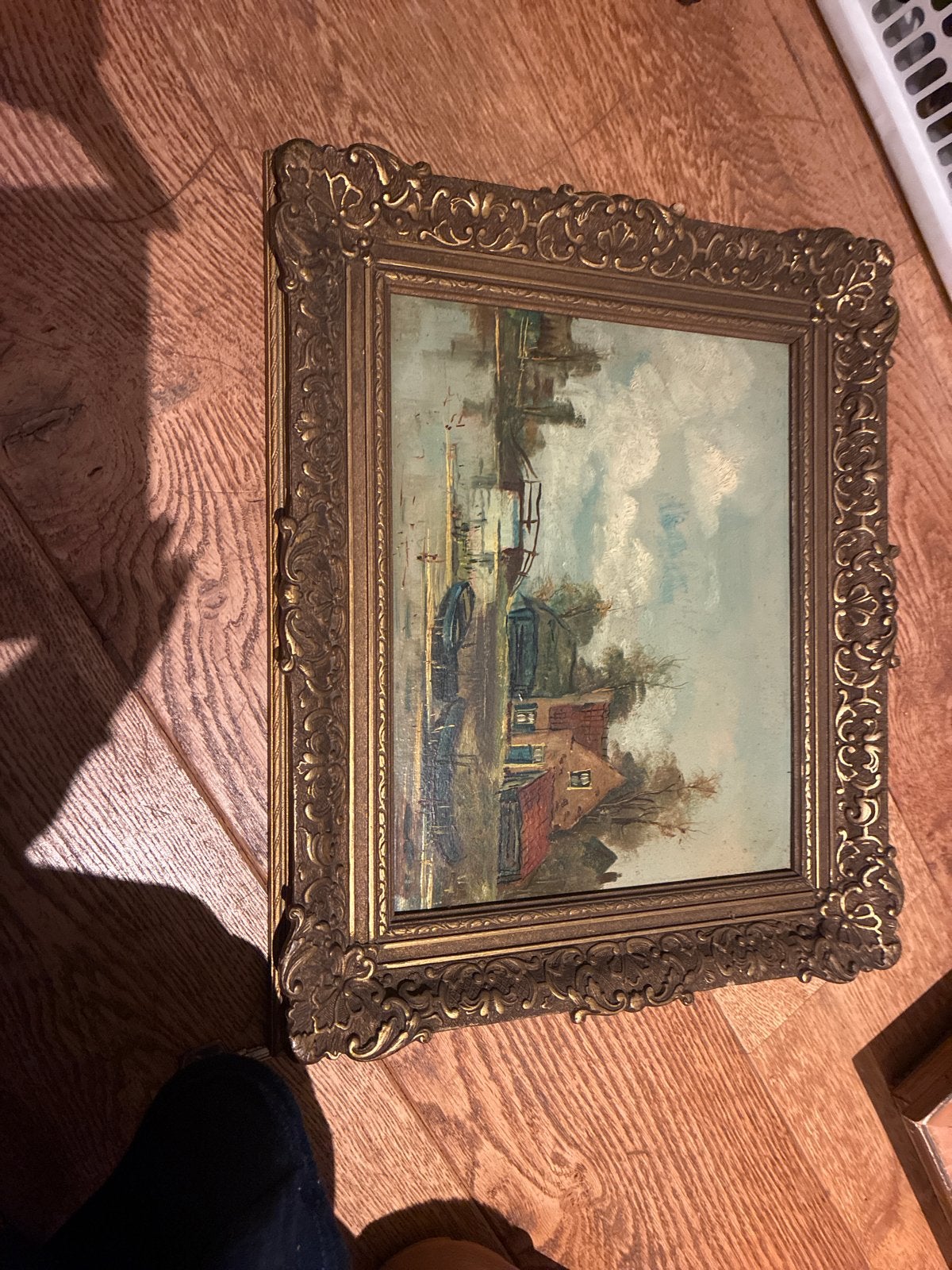 Oud Hollands Landschap Schilderij met Grachtenpand en Brug, Antiek en Kunst, Doek, Oud hollands, Ophalen of Verzenden, Olieverf