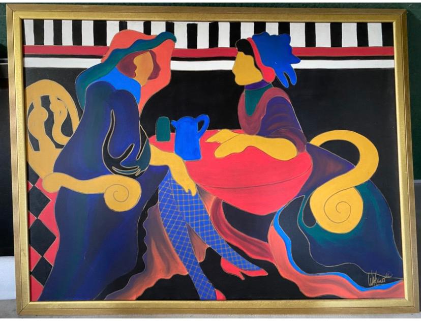 Modern kunstwerk: Twee vrouwen aan tafel maat 100x130, Ophalen of Verzenden