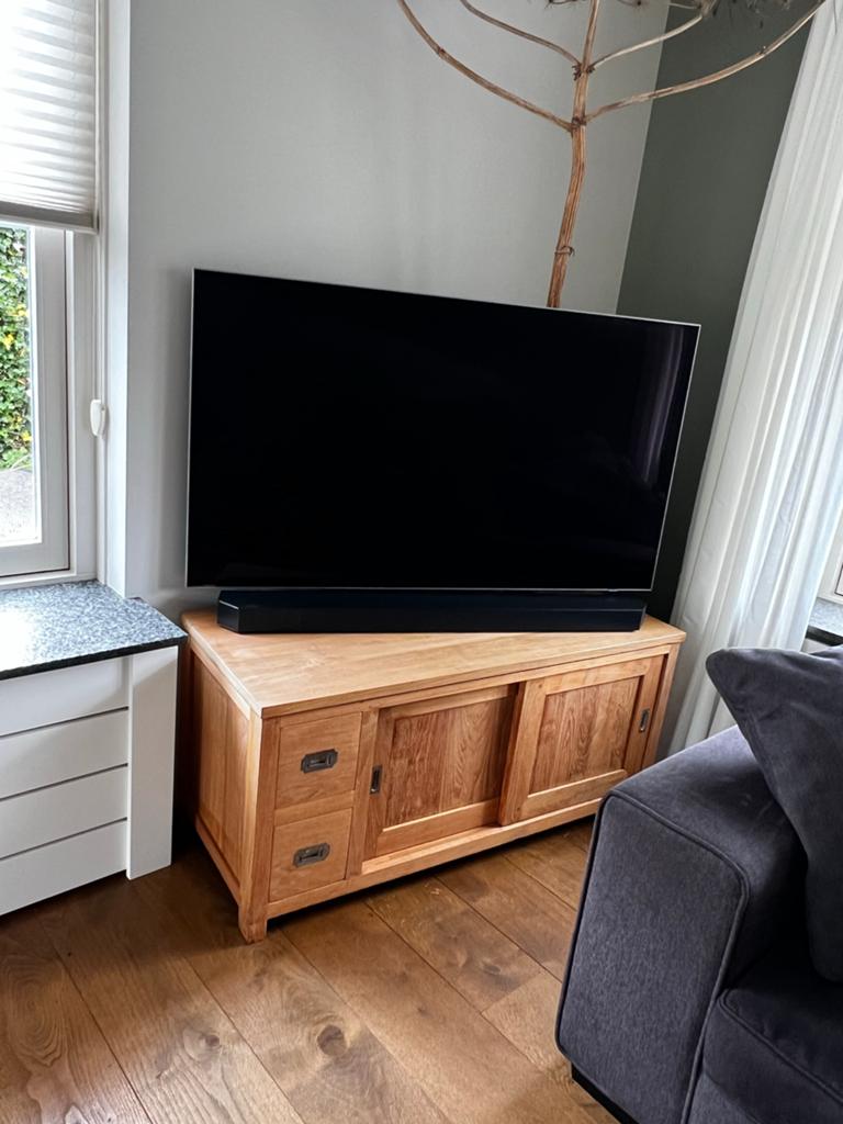 Massief Teakhouten TV-Kast met Lades en Schuifdeuren, Huis en Inrichting, 100 tot 150 cm, Teakhout, Ophalen of Verzenden, Zo goed als nieuw