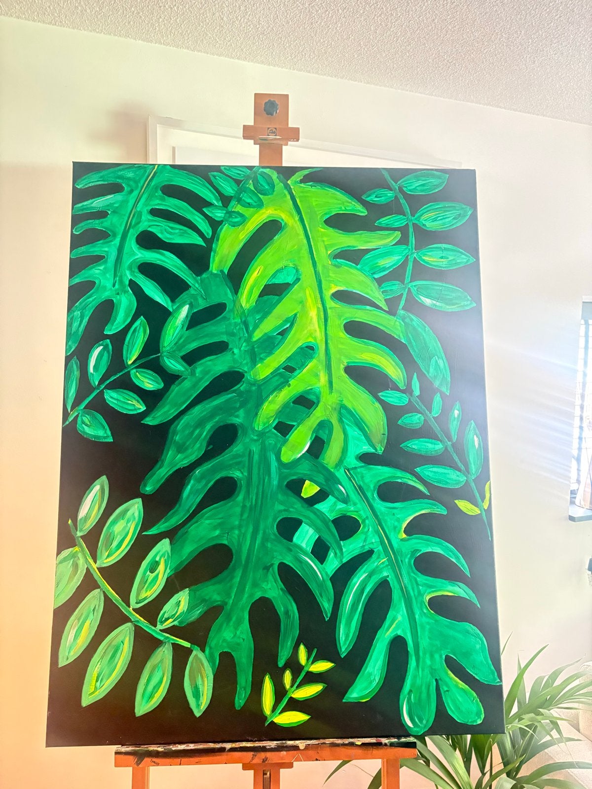 Monstera Bladeren - Acrylverf op Canvas 90x120cm, Ophalen of Verzenden