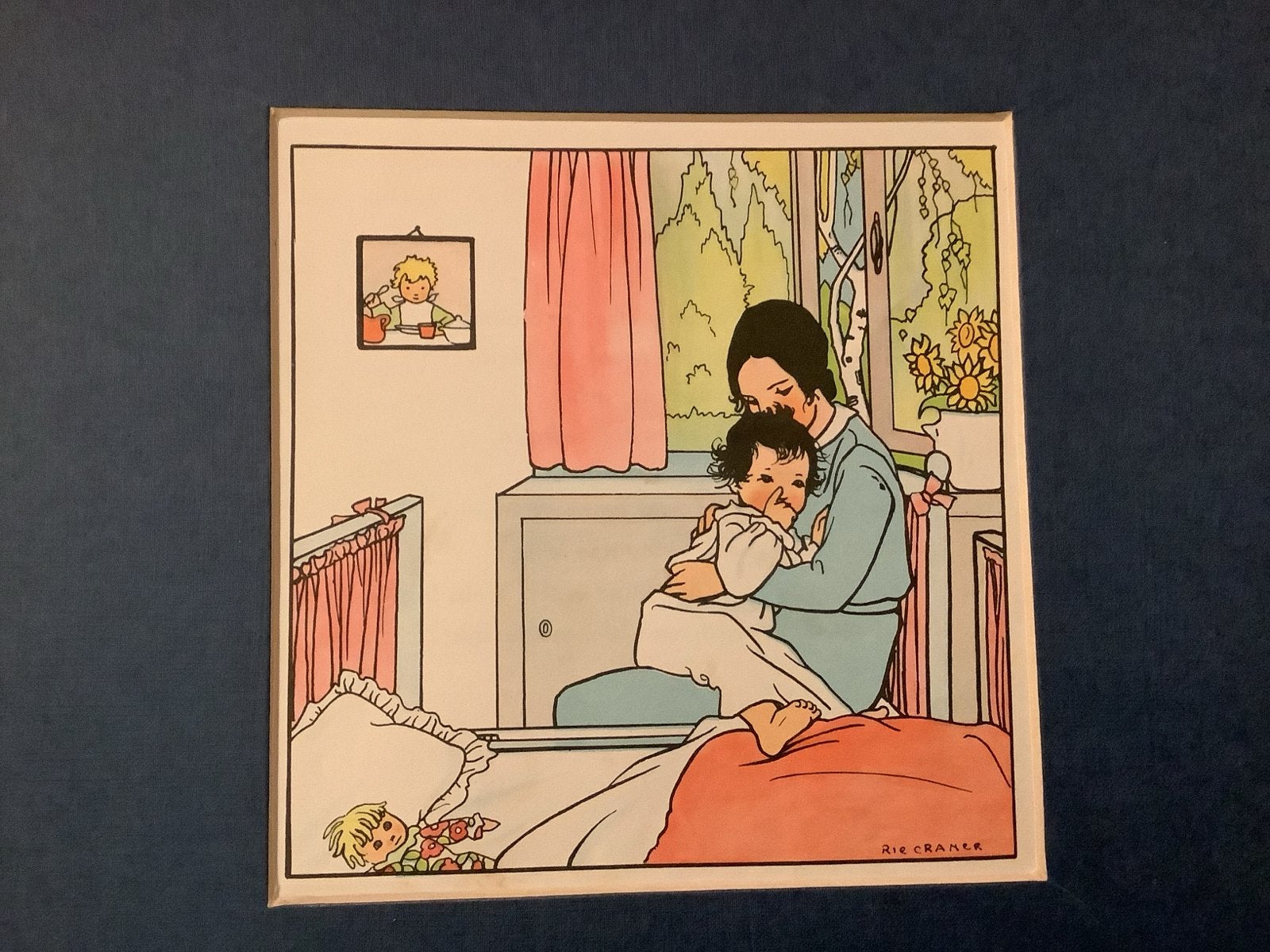 Vintage Rie Cramer Print: Moeder en Kind in Slaapkamer, Ophalen of Verzenden, Print, Prent, Gesigneerd