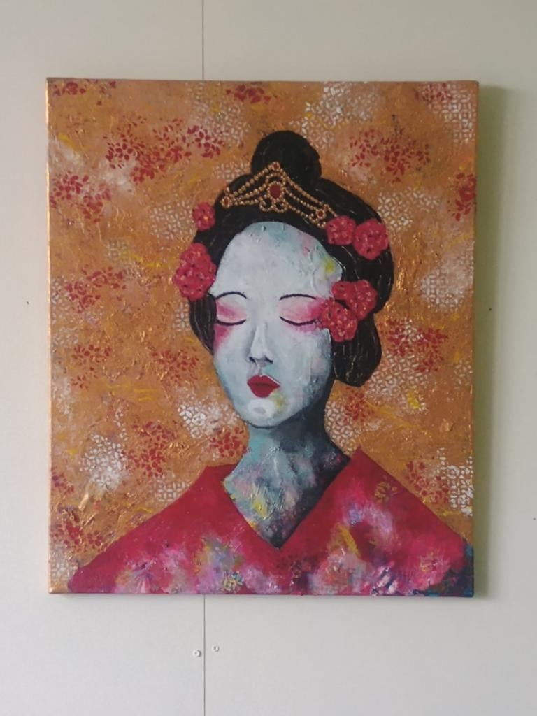Schilderij Geisha met prachtige kleuren lijst 50x60 cm, Ophalen