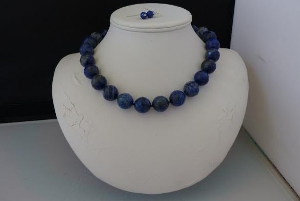 LAPIS LAZULI (16 mm) ketting/oorhanger-set, Nieuw, Verstelbaar, Zilver, Verzenden