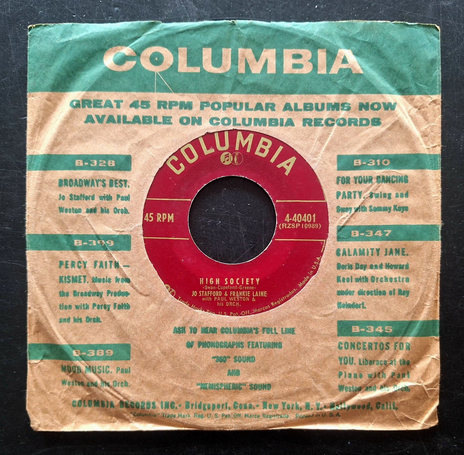 7"/SINGLE  JO STAFFORD & FRANKIE LAINE - High Society, Ophalen of Verzenden, Gebruikt, Pop