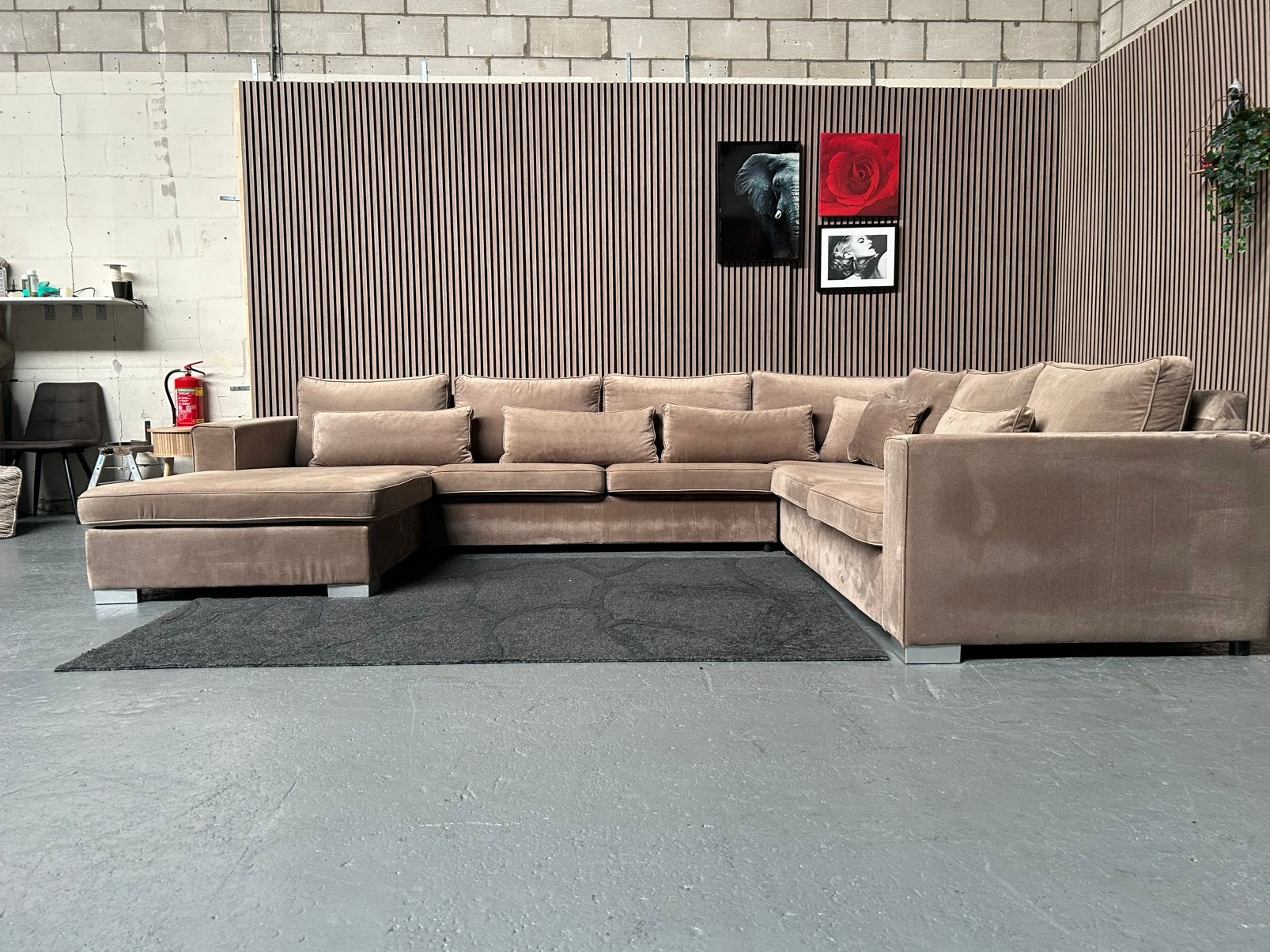 GRATIS LEVERING Velvet U-Bank Beige 375X285 GEREINIGD, Velvet champagne u bank, Hoekbank, 300 cm of meer, Ophalen of Verzenden