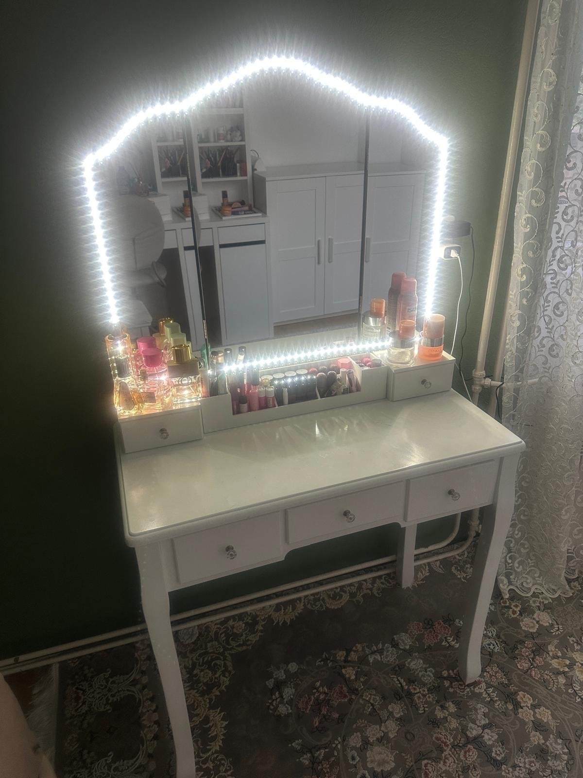 Witte kaptafel met spiegel en LED-verlichting, Ophalen, Gebruikt, Hout, 100 tot 150 cm