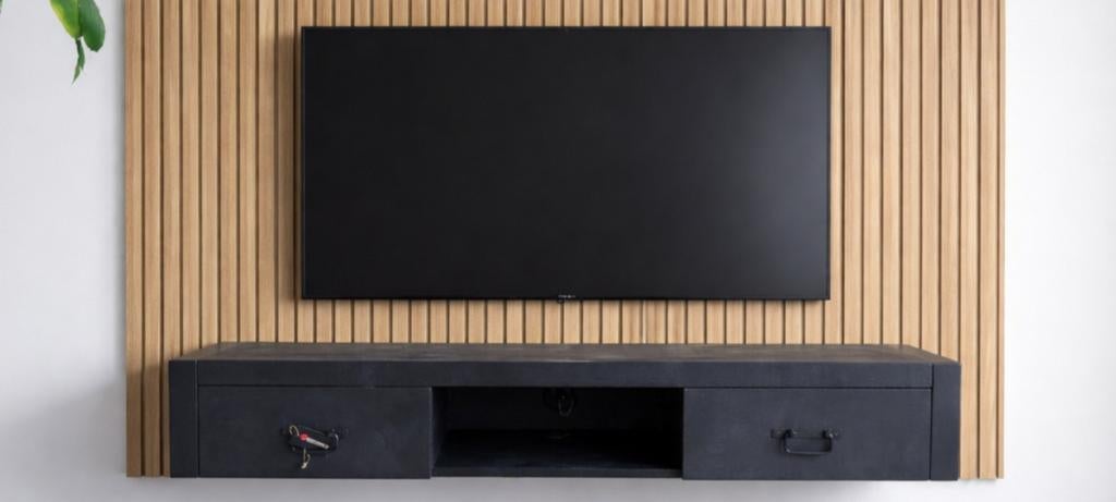 Nieuw Zwart Zwevend TV Meubel Mangohout Industrieel 2 Lades, Huis en Inrichting, Kasten | Televisiemeubels, Overige materialen