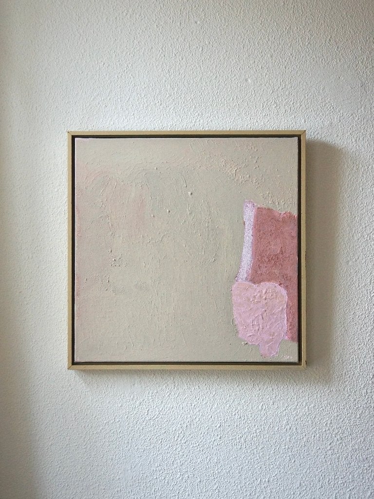 Klein abstract schilderijtje 50x50 cm, Beige, Schilderij, Ophalen of Verzenden, Zo goed als nieuw