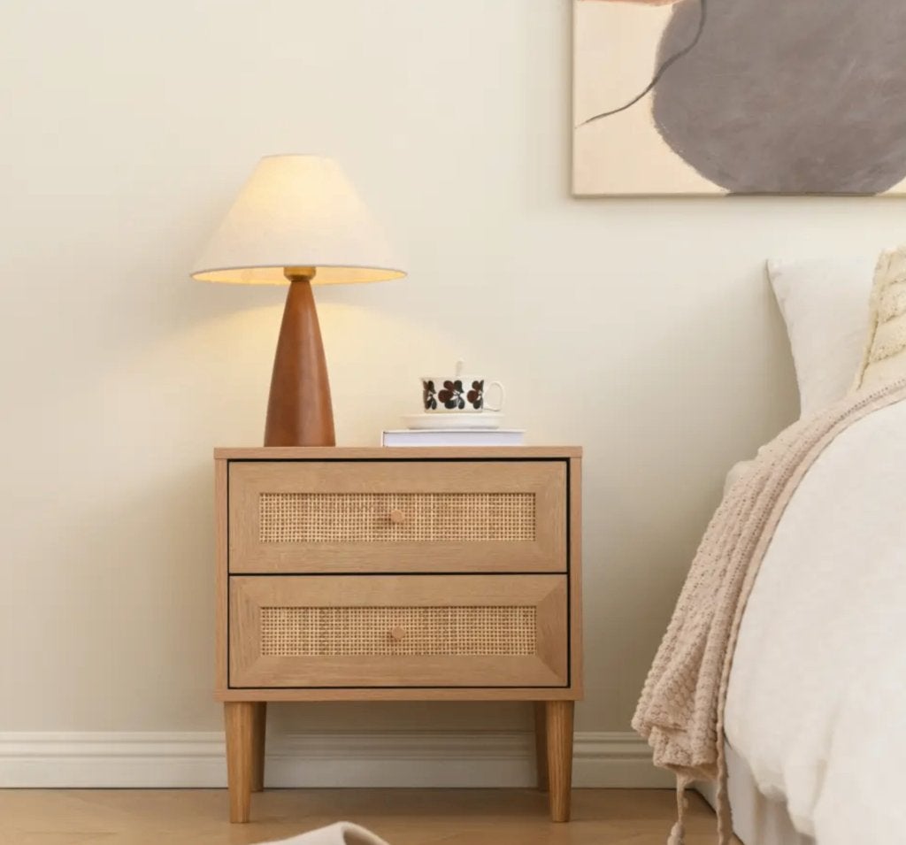 2x Nightstand with Cane/Rattan Drawer – Oak Color (Like New), Ophalen, Zo goed als nieuw, 45 tot 65 cm