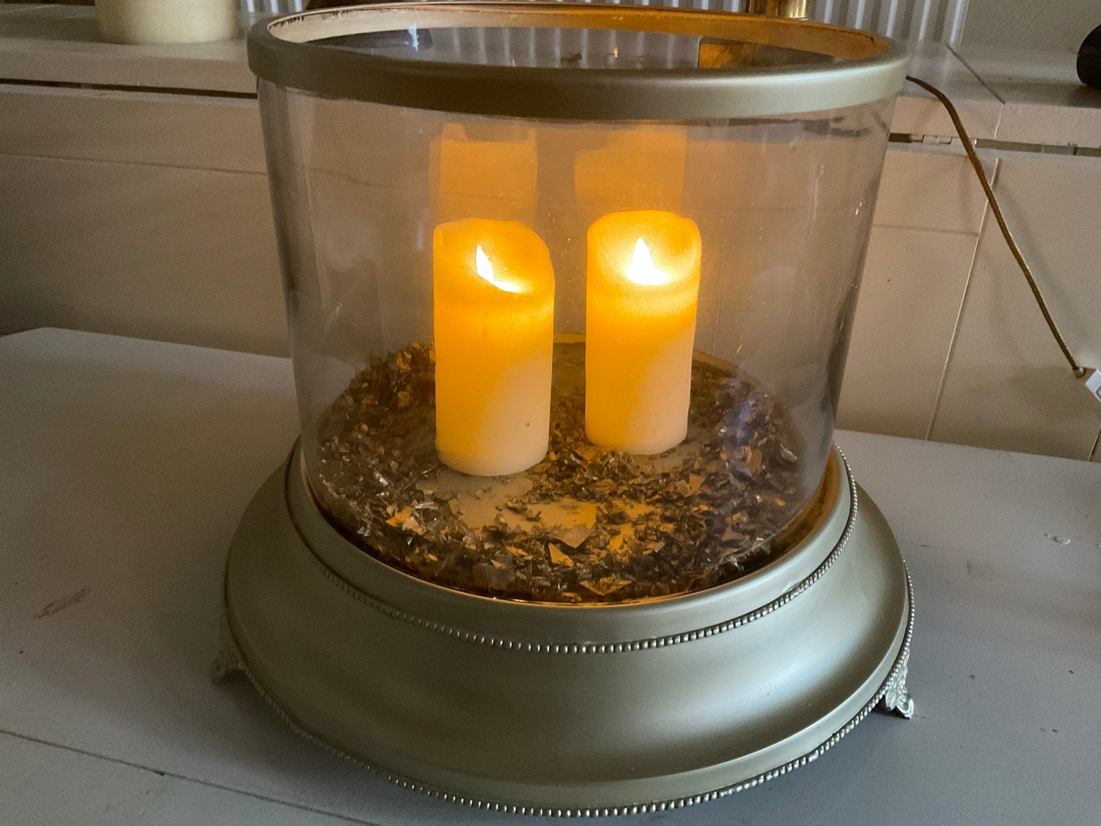 Gouden Windlicht met LED Kaarsen - Sfeervolle Decoratie, Huis en Inrichting, Ophalen, Windlicht, Gebruikt, Overige merken