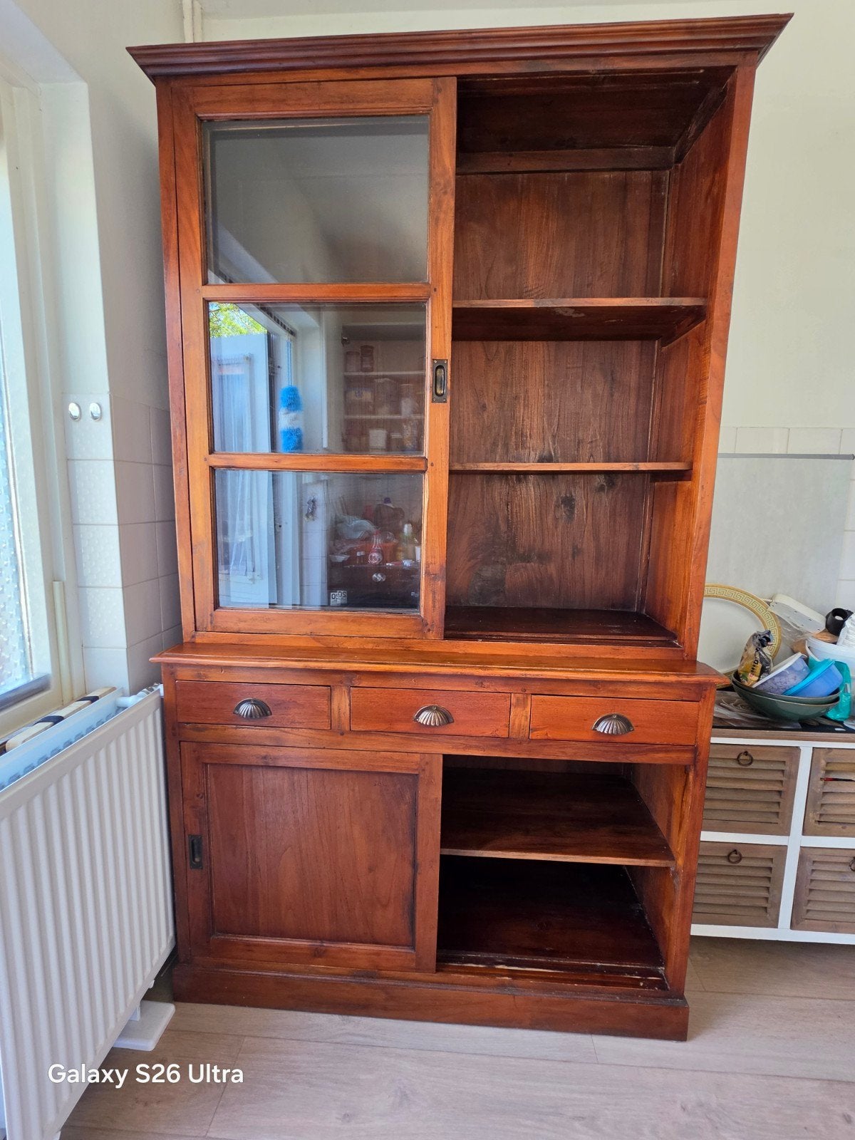 Prachtige Teakhouten Buffetkast/Vitrinekast met Schuifdeuren, Ophalen, Gebruikt, 100 tot 150 cm, 200 cm of meer