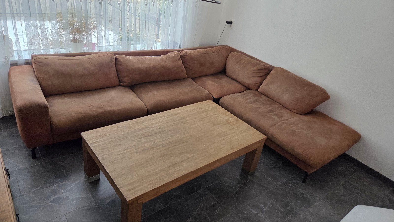 Comfortabele Hoekbank - Bruin Stof, Ophalen, 250 tot 300 cm, Gebruikt, Hoekbank