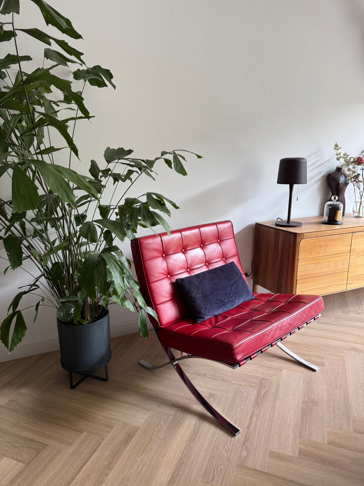Barcelona chair rood leer, Ophalen, Gebruikt, 50 tot 75 cm, Leer